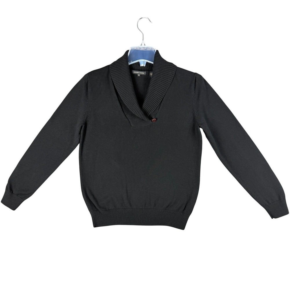 Jeanne Pierre Womens Size M Black 100% Cotton Shawl Collar Button Detail Sweater